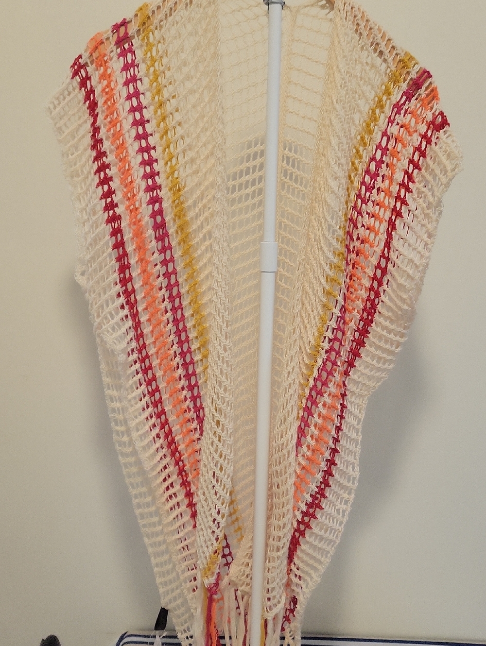 Open Knit Fringe Shawl in Cream with Pink, Coral & Mustard Stripes